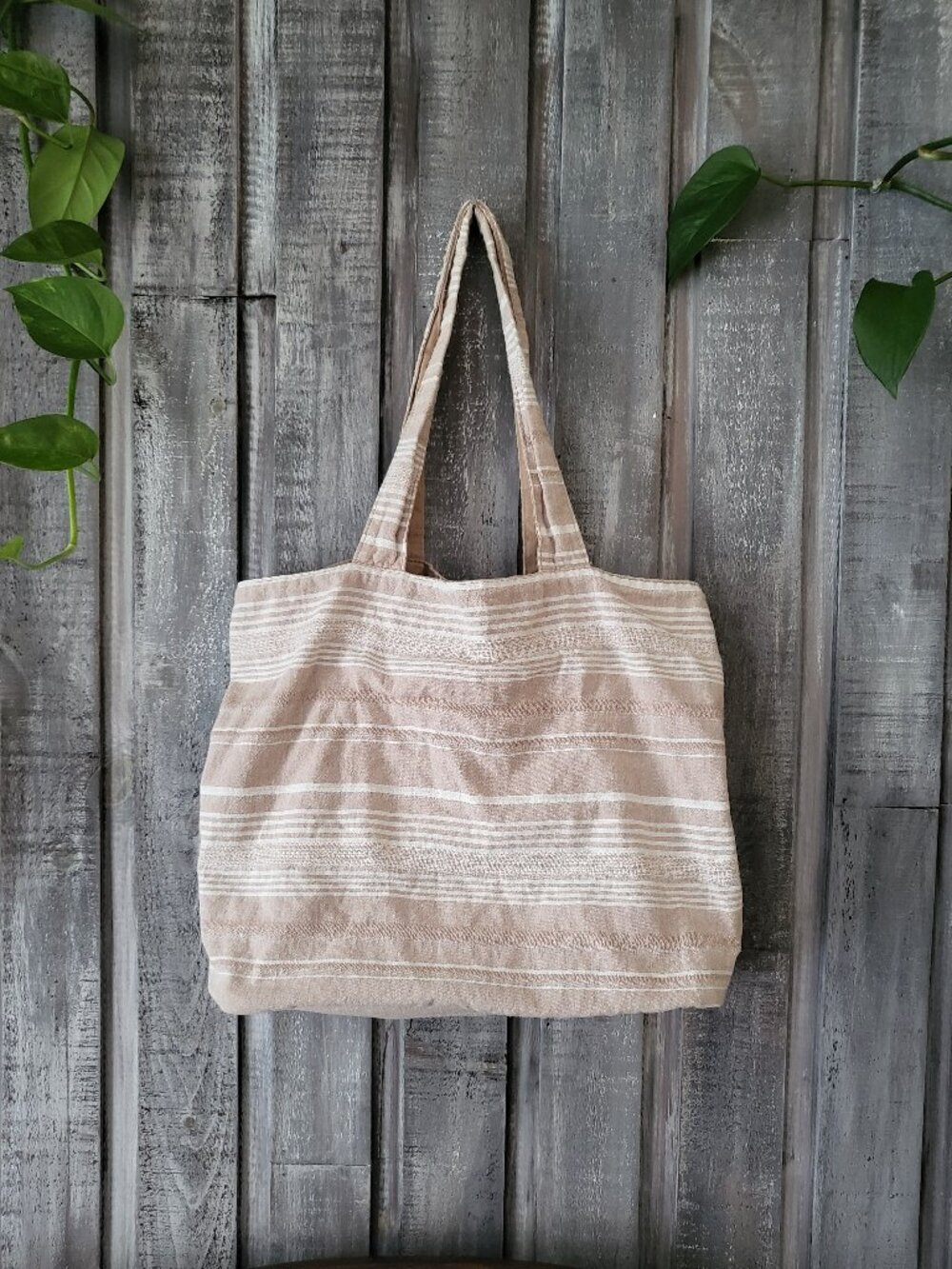 Packable Striped Linen Cotton Blend Tote Bag Beige Coastal Boho
